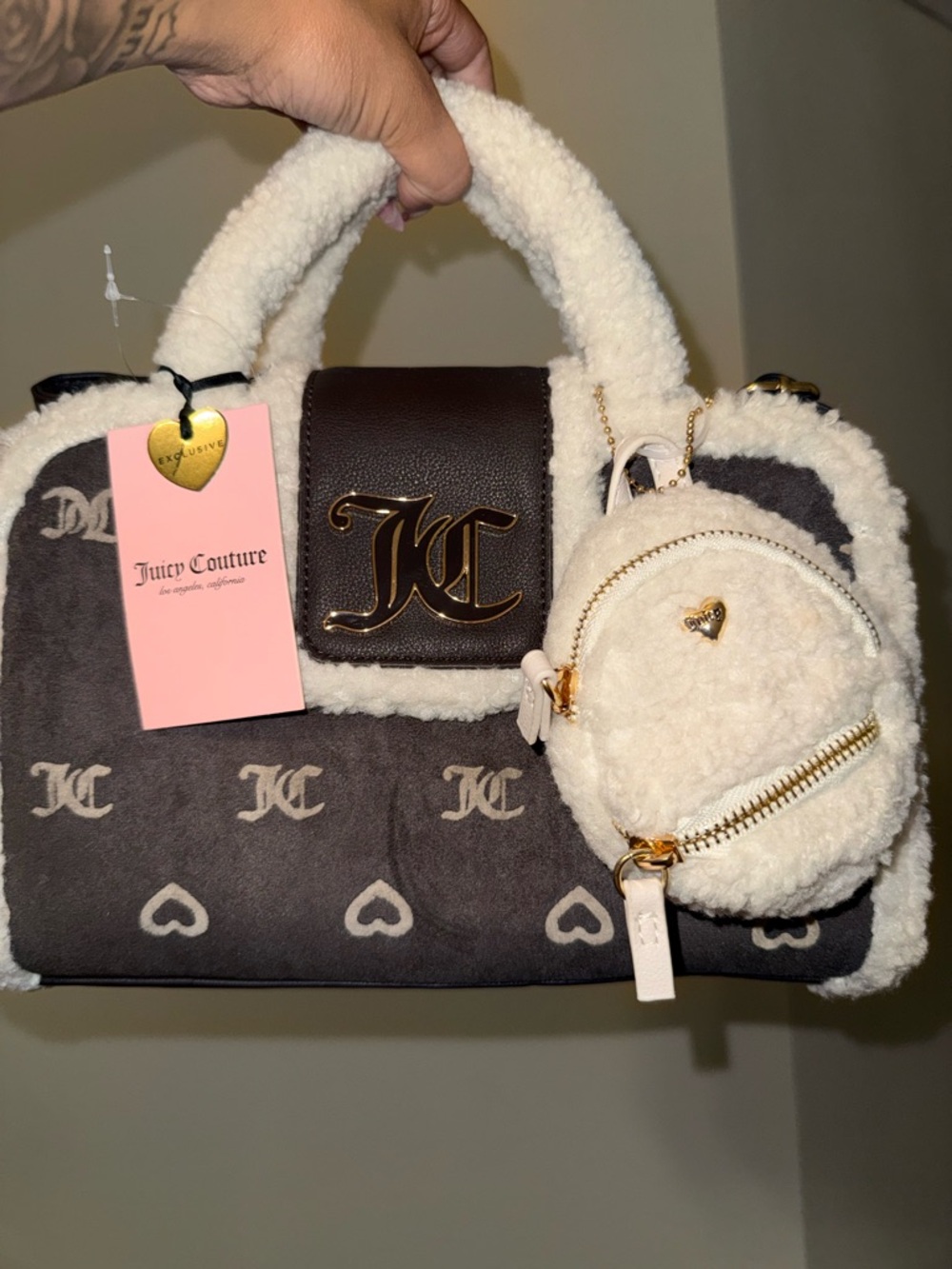 Juicy Couture Brown & Cream Sherpa Logo Tote with Mini Sherpa Backpack Charm